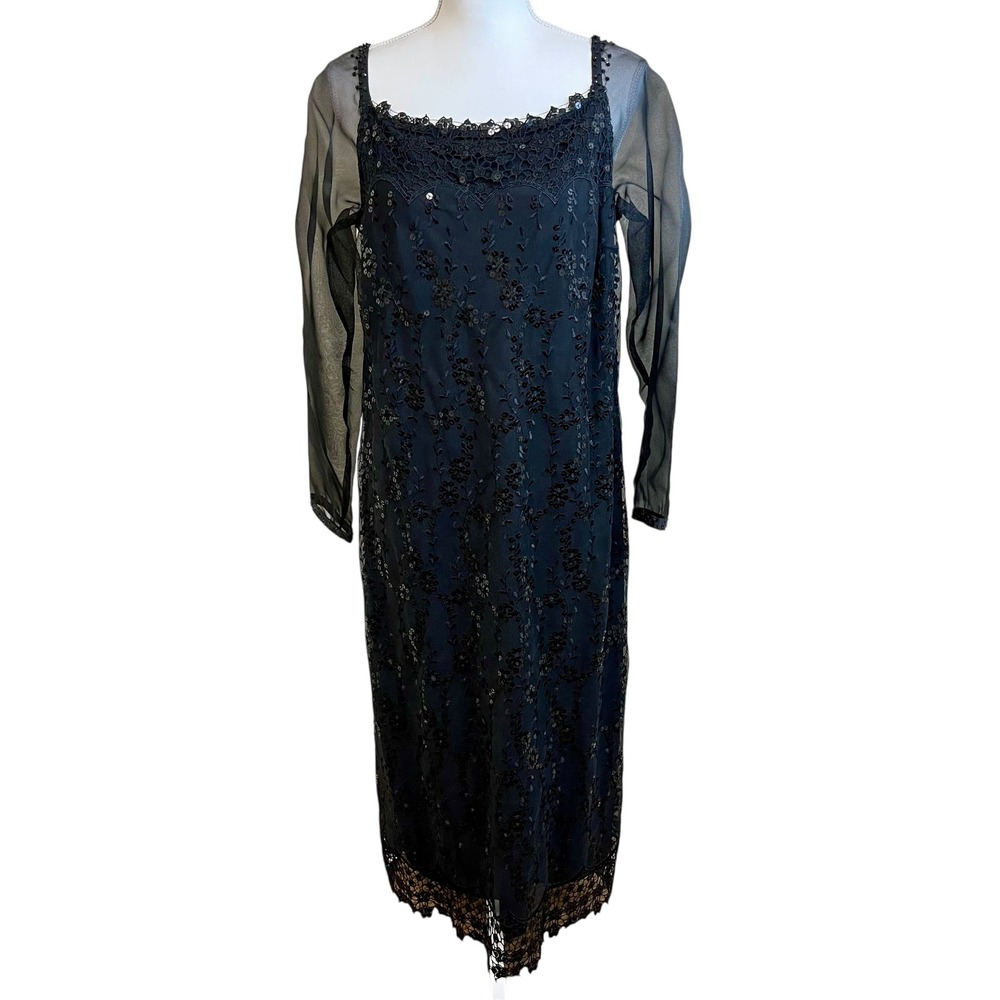 Vintage CAROLE LITTLE Black Sequin Lace Midi‎ Dress Sheer 14 Whimsigoth Regency